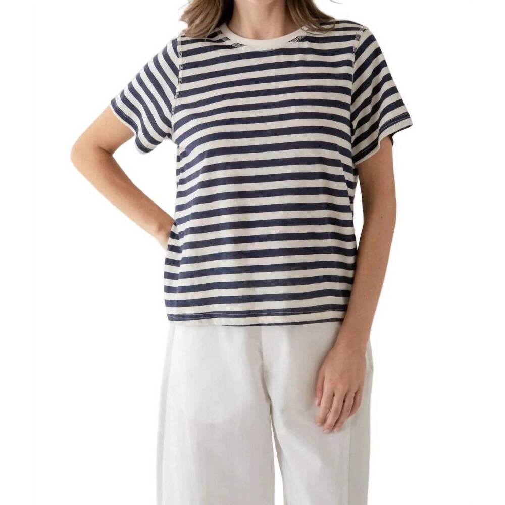 NEW ELLE GREY classic bold stripe crew tee in navy